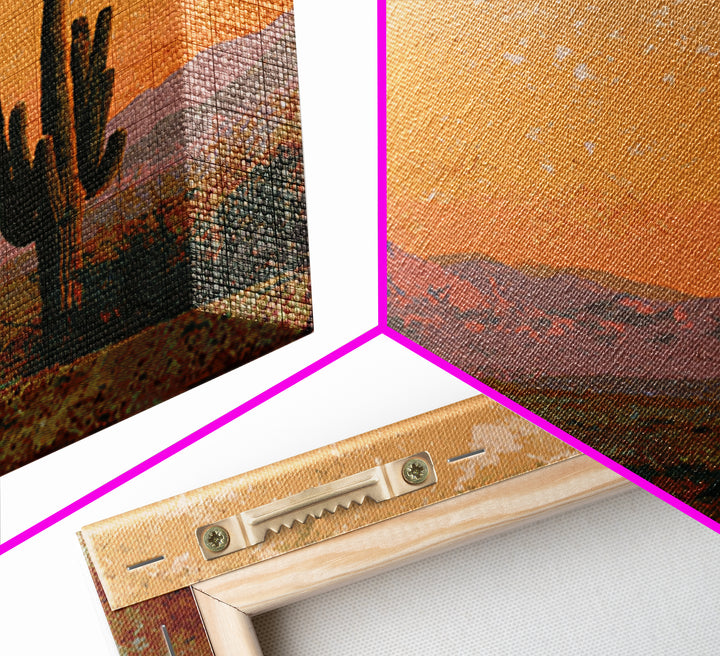 Saguaro Cactus under Orange Sunset Sky Framed Canvas Print, Desert Art, Textured Painting, Southwestern Decor, Fine Art, Desert, DES-1x1-1