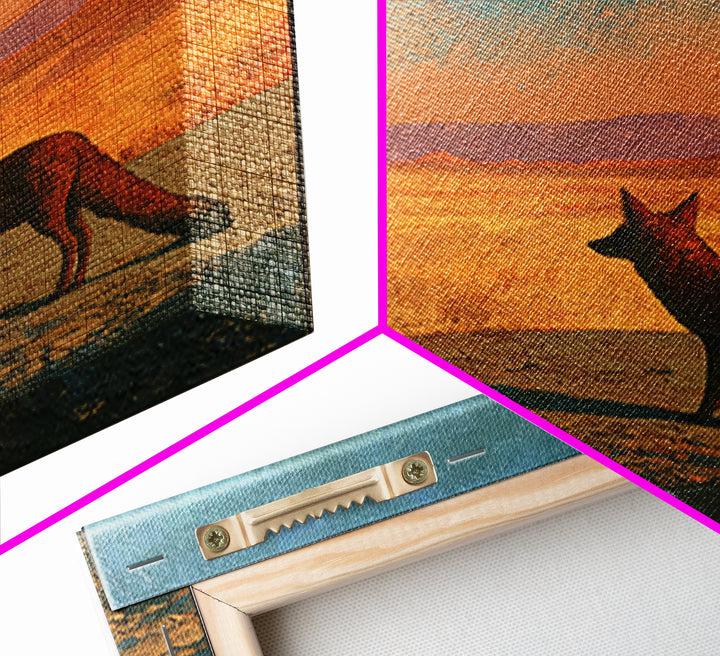 Desert Fox Beneath a Crescent Moon Framed Canvas Print, Desert Art, Wall Art, Southwestern Decor, Oil Painting, Desert, DES-1x1-65
