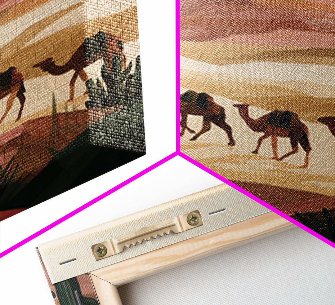Camel Caravan Crossing Golden Dunes Framed Canvas Print, Desert Art, Art Print, Southwestern Decor, Fine Art, Desert, DES-1x1-79