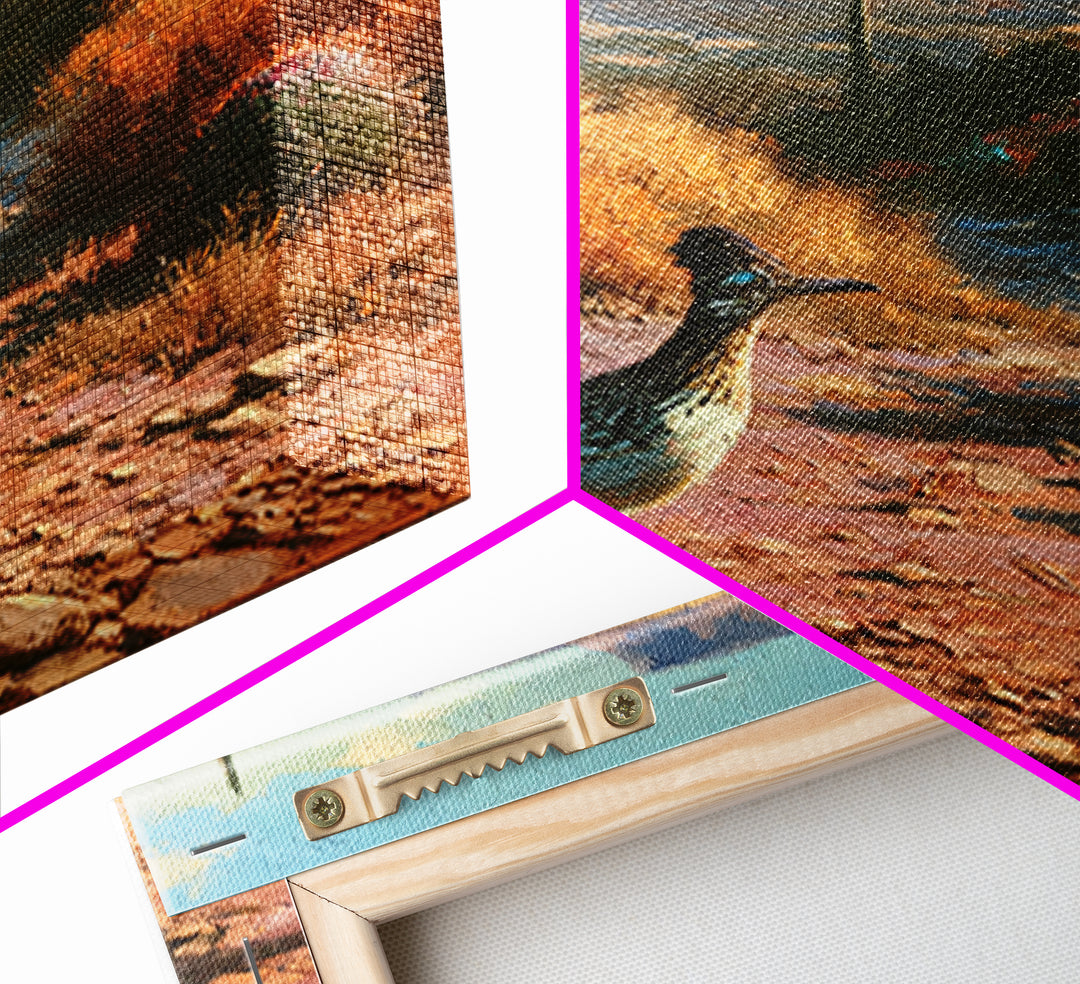 Roadrunner Bird in a Dry Wash Canvas Print, Desert Art, Minimalist Decor, Southwestern Decor, Oil Painting, Desert, Boho, DES-1x1-86