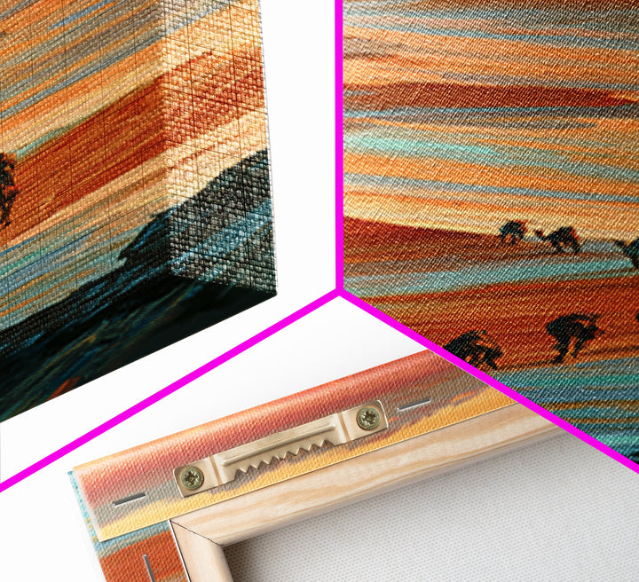Camel Caravan Crossing Golden Dunes Framed Canvas Print, Desert Art, Mountain Wall Art, Southwestern Decor, Oil Painting, DES-1x3-19