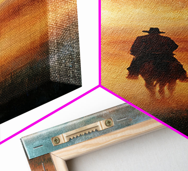 Dusty Horseback Rider at Sunset Framed Canvas Print, Desert Art, Boho Decor, Southwestern Decor, Oil Painting, Desert, DES-2x3-55