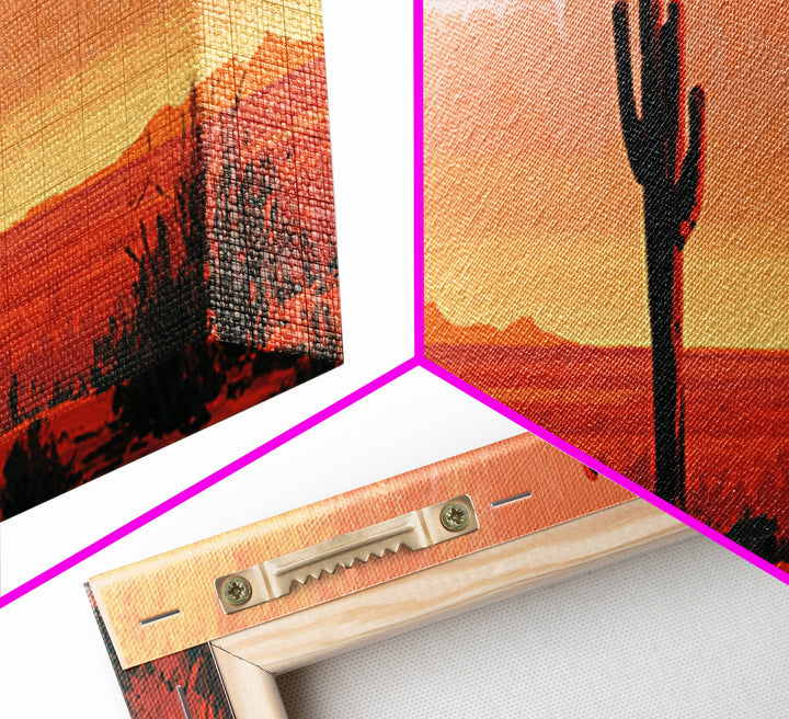 Saguaro Cactus under Orange Sunset Sky Framed Canvas Print, Desert Art, Gallery Decor, Southwestern Decor, Fine Art, Desert, DES-3x1-17