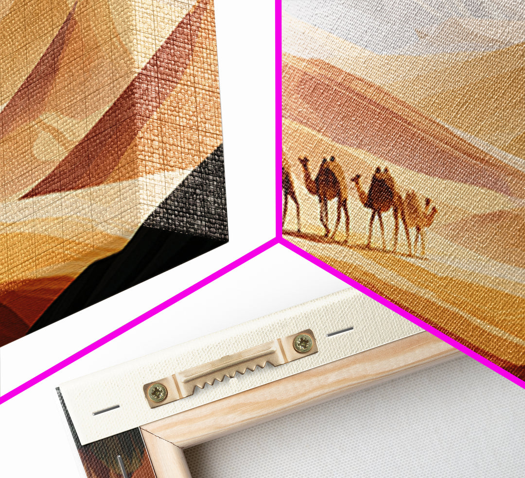 Camel Caravan Crossing Golden Dunes Framed Canvas Print, Desert Art, Contemporary Art, Southwestern Decor, Fine Art, Desert, DES-3x1-23