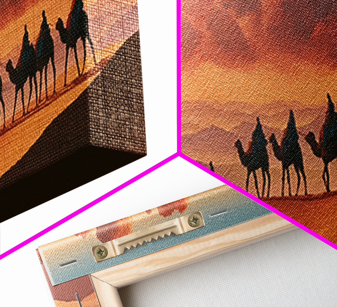 Camel Caravan Crossing Golden Dunes Framed Canvas Print, Desert Art, Boho, Southwestern Decor, Desert, Mountain Wall Art, DES-3x1-47