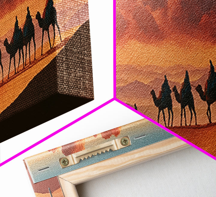 Camel Caravan Crossing Golden Dunes Framed Canvas Print, Desert Art, Boho, Southwestern Decor, Desert, Mountain Wall Art, DES-3x1-47