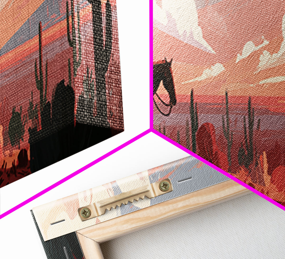 Dusty Horseback Rider at Sunset Framed Canvas Print, Desert Art, Room Decor, Southwestern Decor, Desert, Abstract Wall Art, DES-3x1-63