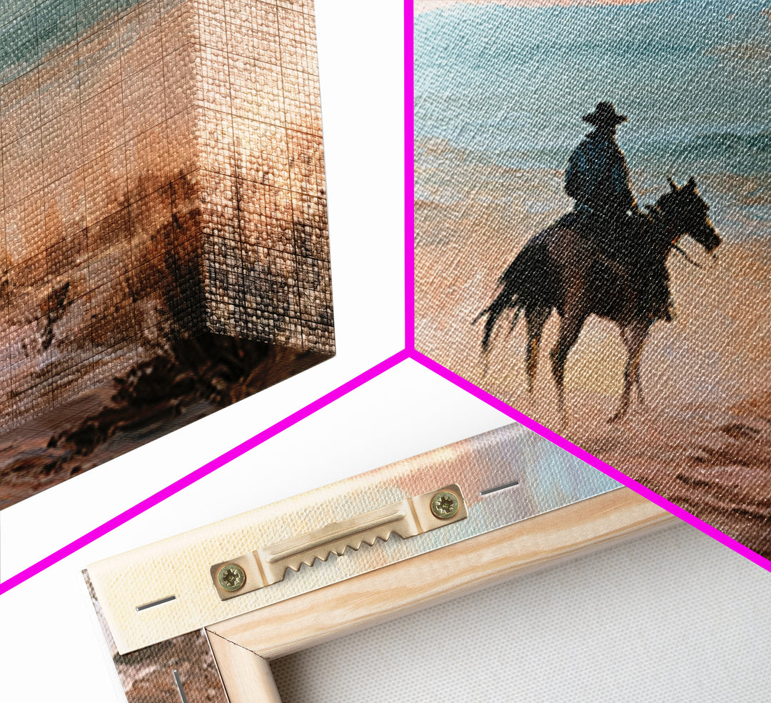 Dusty Horseback Rider at Sunset Framed Canvas Print, Desert Art, Wall Art, Southwestern Decor, Desert, Apartment Decor, DES-3x2-27