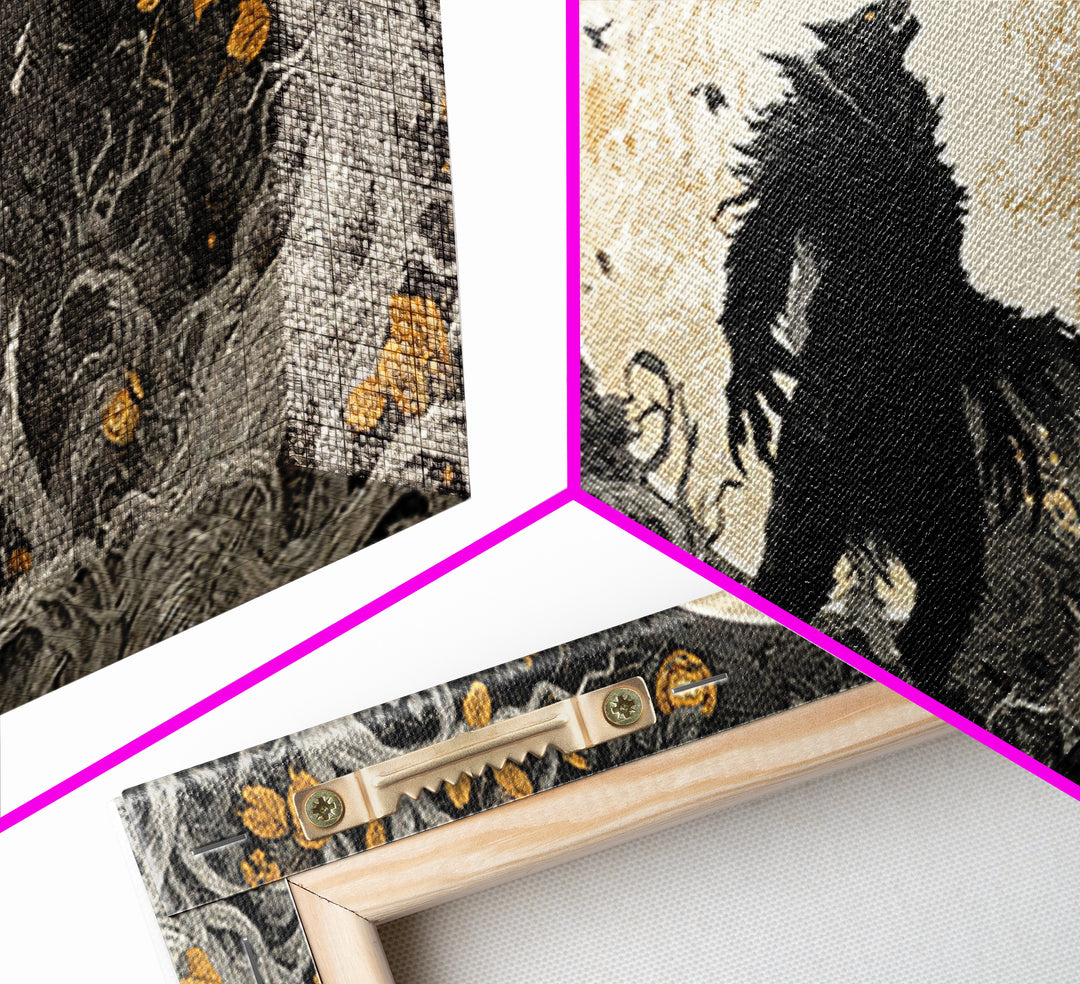 The Moon-Cursed Werewolf, Wide Panoramic Art, Macabre Wall Art, Framed Canvas Print, Halloween Wall Decor, Gothic Home Decor