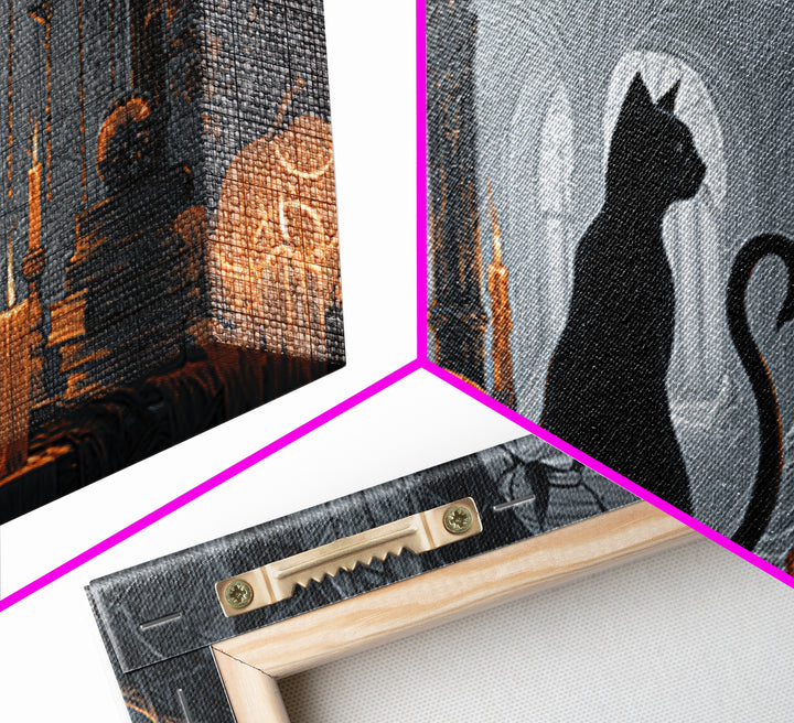 The Black Cat Familiar, Wide Panoramic Art, Haunted Gothic Art, Framed Canvas Print, Halloween Wall Decor, Gothic Home Decor