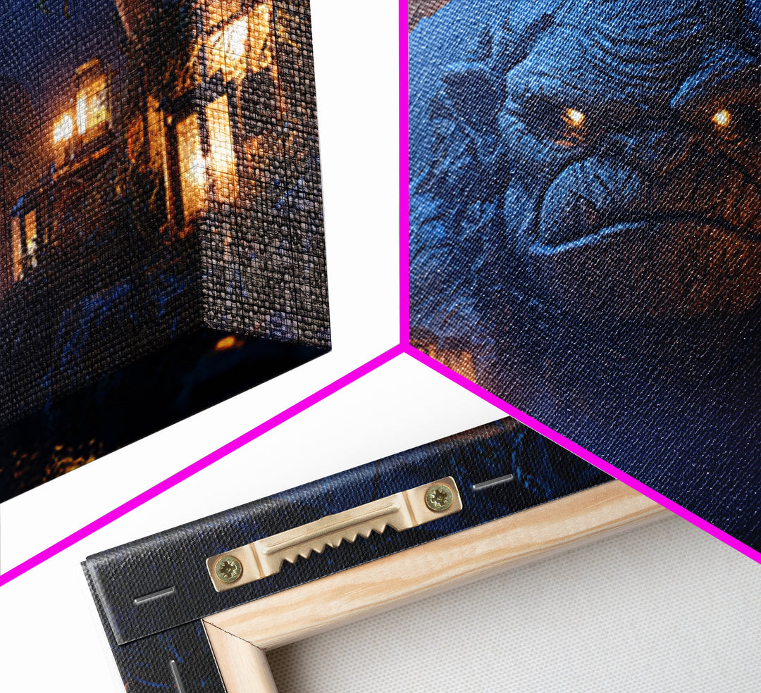 The Bridge Troll At Midnight, Landscape Wall Art, Gothic Horror Wall Art, Framed Canvas Print, Halloween Wall Decor, Gothic Home Decor