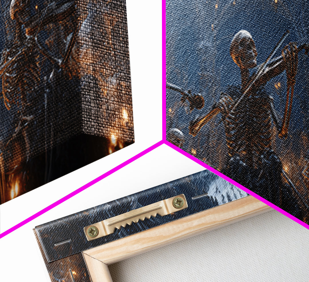 The Skeleton Orchestra, Wide Panoramic Art, Macabre Wall Art, Framed Canvas Print, Halloween Wall Decor, Gothic Home Decor