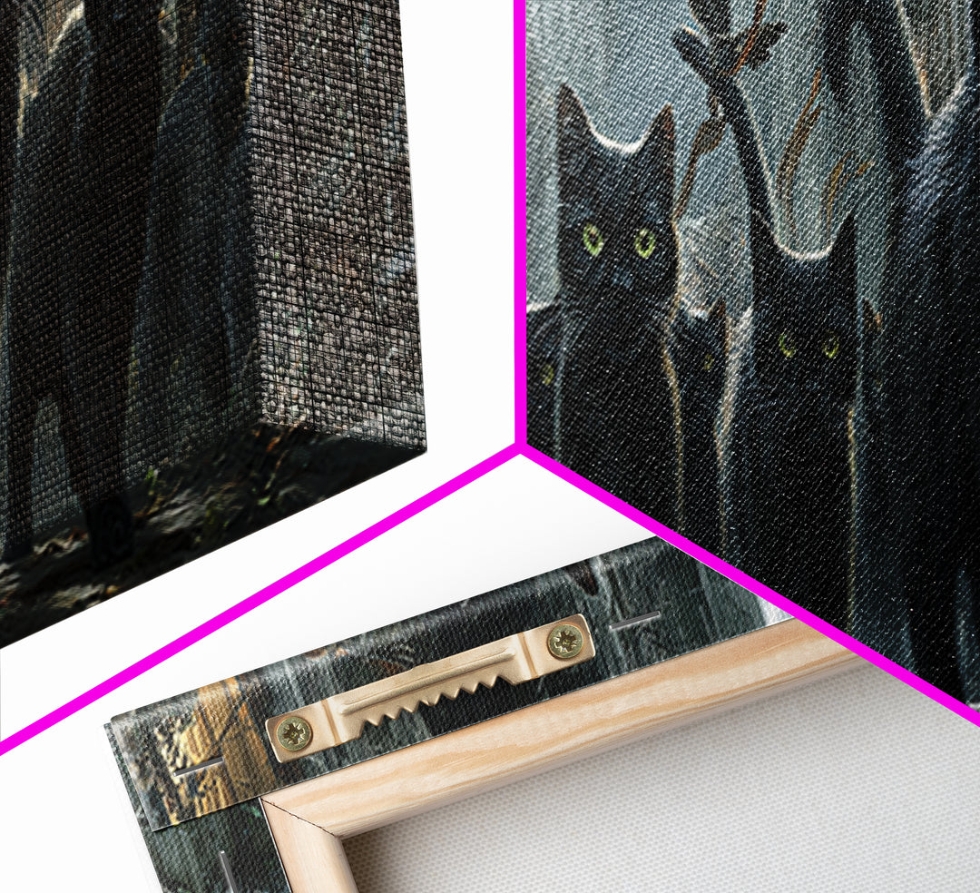 The Black Cat Gathering, Extra Wide Wall Art, Gothic Horror Wall Art, Framed Canvas Print, Halloween Wall Decor, Gothic Home Decor
