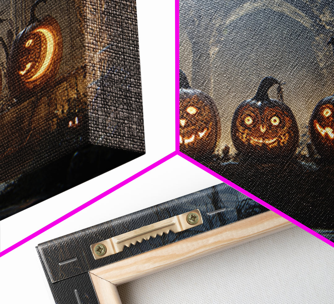 Pumpkins And Moon Phases, Landscape Wall Art, Haunted Gothic Art, Framed Canvas Print, Halloween Wall Decor, Gothic Home Decor