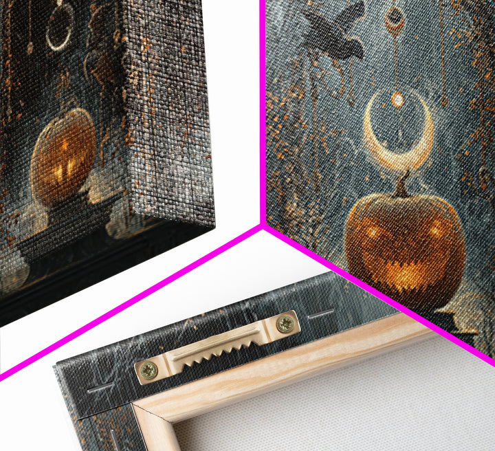 Pumpkins And Moon Phases, Wide Panoramic Art, Dark Halloween Decor, Canvas Print, Halloween Wall Decor, Gothic Home Decor, Horror Wall Art