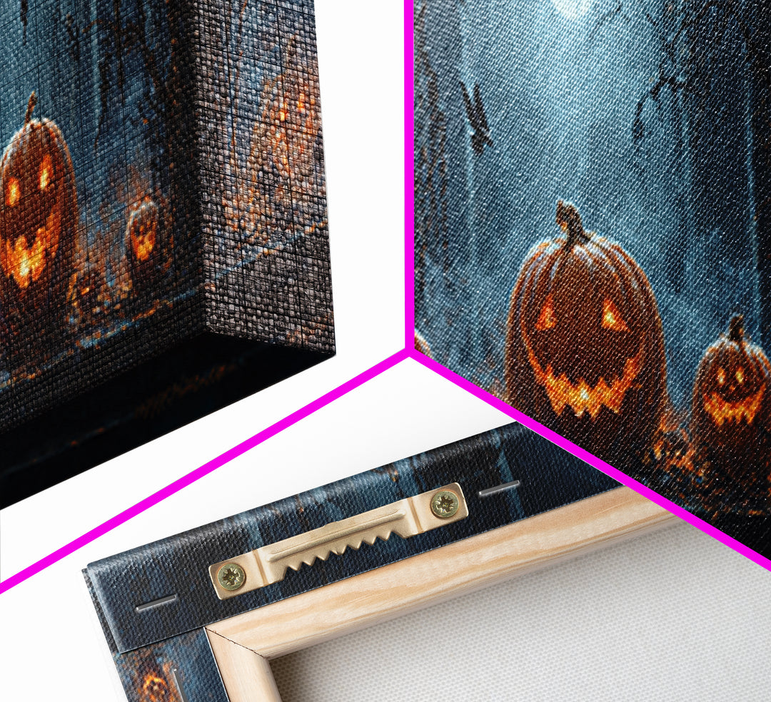 Pumpkins And Moon Phases, Extra Wide Wall Art, Macabre Wall Art, Framed Canvas Print, Halloween Wall Decor, Gothic Home Decor