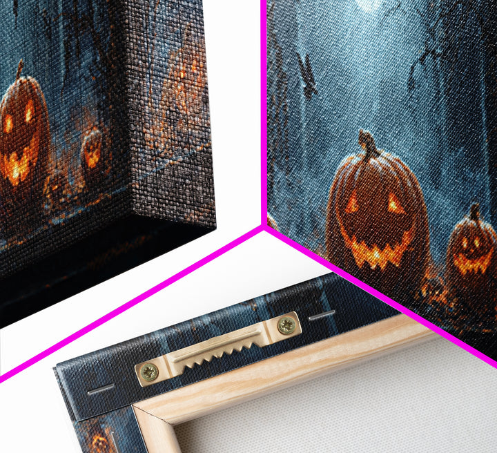 Pumpkins And Moon Phases, Extra Wide Wall Art, Macabre Wall Art, Framed Canvas Print, Halloween Wall Decor, Gothic Home Decor