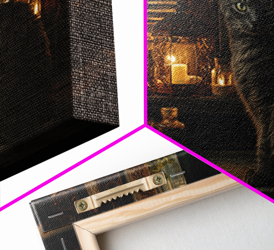 The Witch'S Cat Cafe, Landscape Wall Art, Haunted Gothic Art, Framed Canvas Print, Halloween Wall Decor, Gothic Home Decor