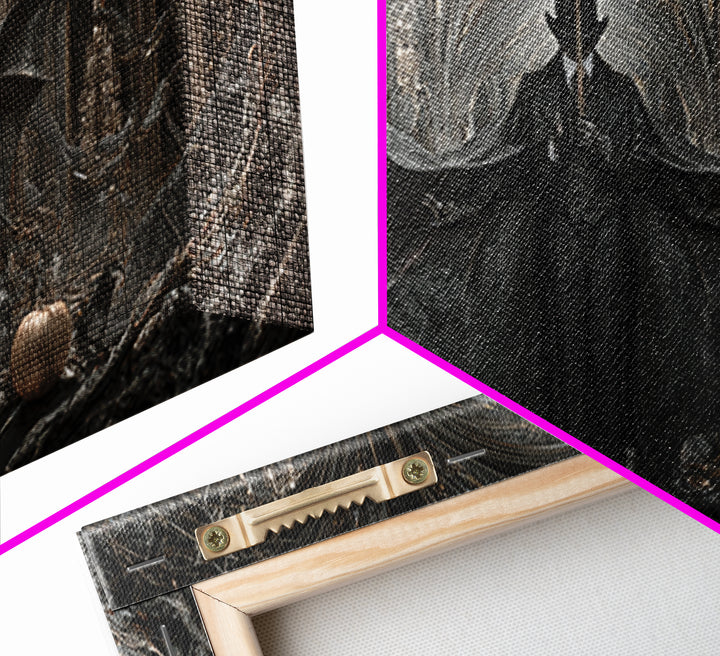 The Bat Umbrella Salesman, Wide Panoramic Art, Dark Fantasy Wall Art, Canvas Print, Halloween Wall Decor, Gothic Home Decor