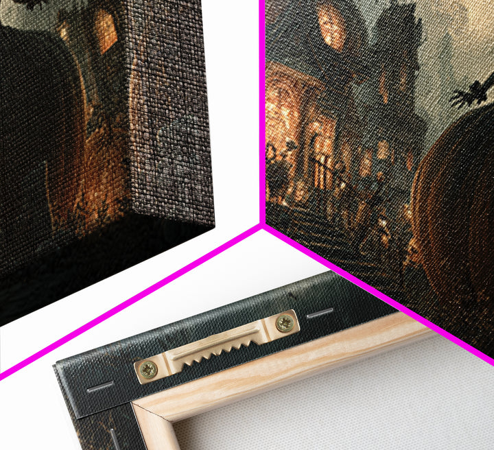 The Pumpkin-House Neighborhood, Wide Panoramic Art, Gothic Horror Wall Art, Framed Canvas Print, Halloween Wall Decor, Gothic Home Decor