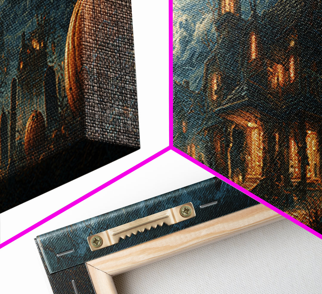 The Pumpkin-House Neighborhood, Extra Wide Wall Art, Spooky Home Decor, Canvas Print, Halloween Wall Decor, Gothic Home Decor