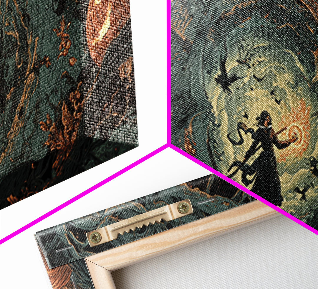 The Cyberpunk Witch, Wide Panoramic Art, Haunted Gothic Art, Framed Canvas Print, Halloween Wall Decor, Gothic Home Decor