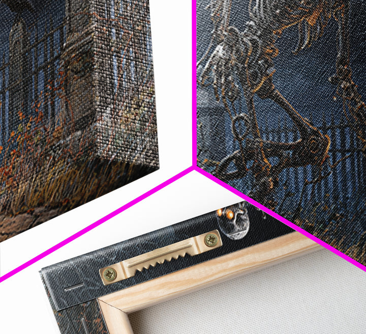 The Biomechanical Skeleton, Wide Panoramic Art, Gothic Horror Wall Art, Framed Canvas Print, Halloween Wall Decor, Gothic Home Decor