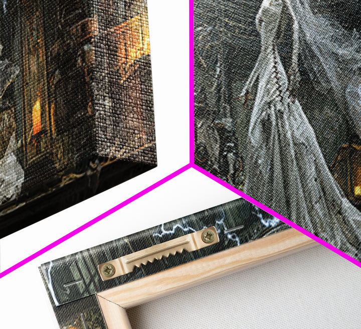 The Stitched Bride Of Thunder Hall, Extra Wide Wall Art, Haunted Gothic Art, Framed Canvas Print, Halloween Wall Decor, Gothic Home Decor