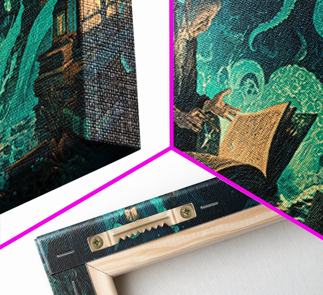 The Librarian Of Forbidden Tides, Wide Panoramic Art, Lovecraftian Horror Art, Canvas Print, Halloween Wall Decor, Gothic Home Decor