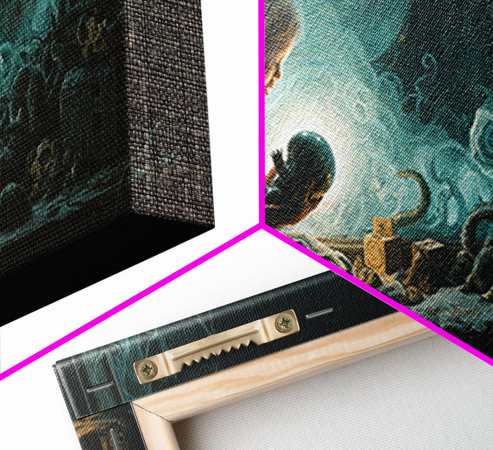 The Child Who Caught A Moon-Spawn, Wide Panoramic Art, Lovecraftian Horror Art, Framed Canvas Print, Halloween Wall Decor, Gothic Home Decor
