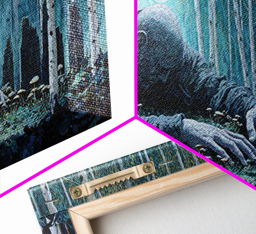 The Sleeper In The Birch Grove, Wide Panoramic Art, Lovecraftian Horror Art, Framed Canvas Print, Halloween Wall Decor, Gothic Home Decor