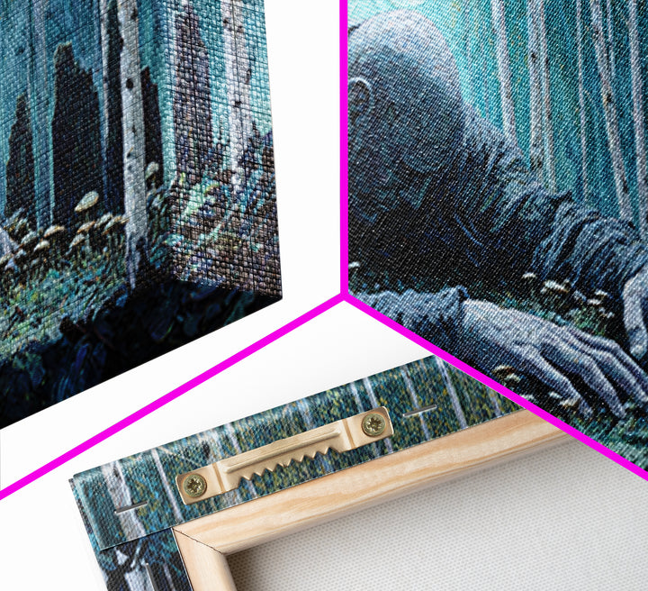 The Sleeper In The Birch Grove, Wide Panoramic Art, Lovecraftian Horror Art, Framed Canvas Print, Halloween Wall Decor, Gothic Home Decor
