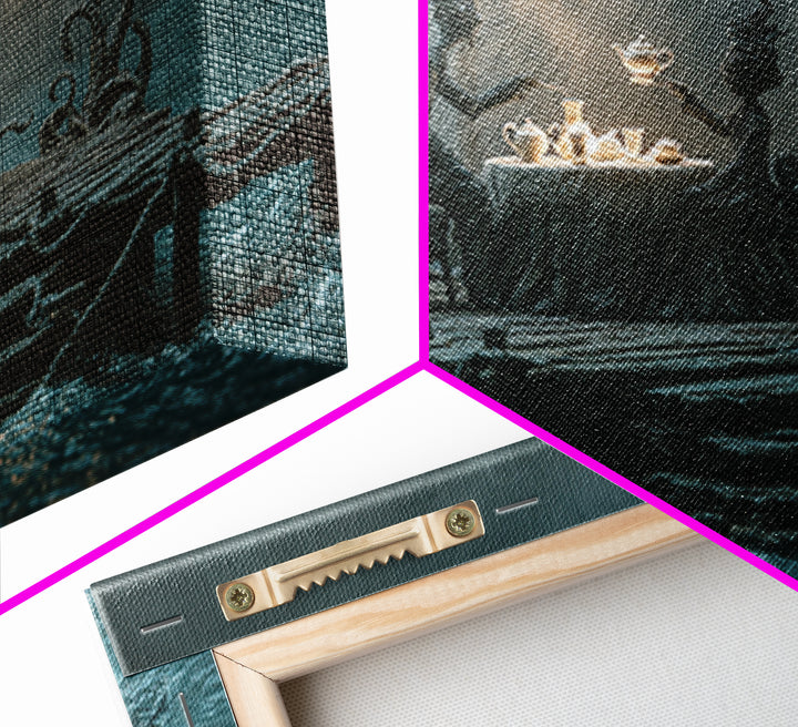 The Tea Party At Innsmouth Pier, Landscape Wall Art, Spooky Home Decor, Framed Canvas Print, Halloween Wall Decor, Gothic Home Decor