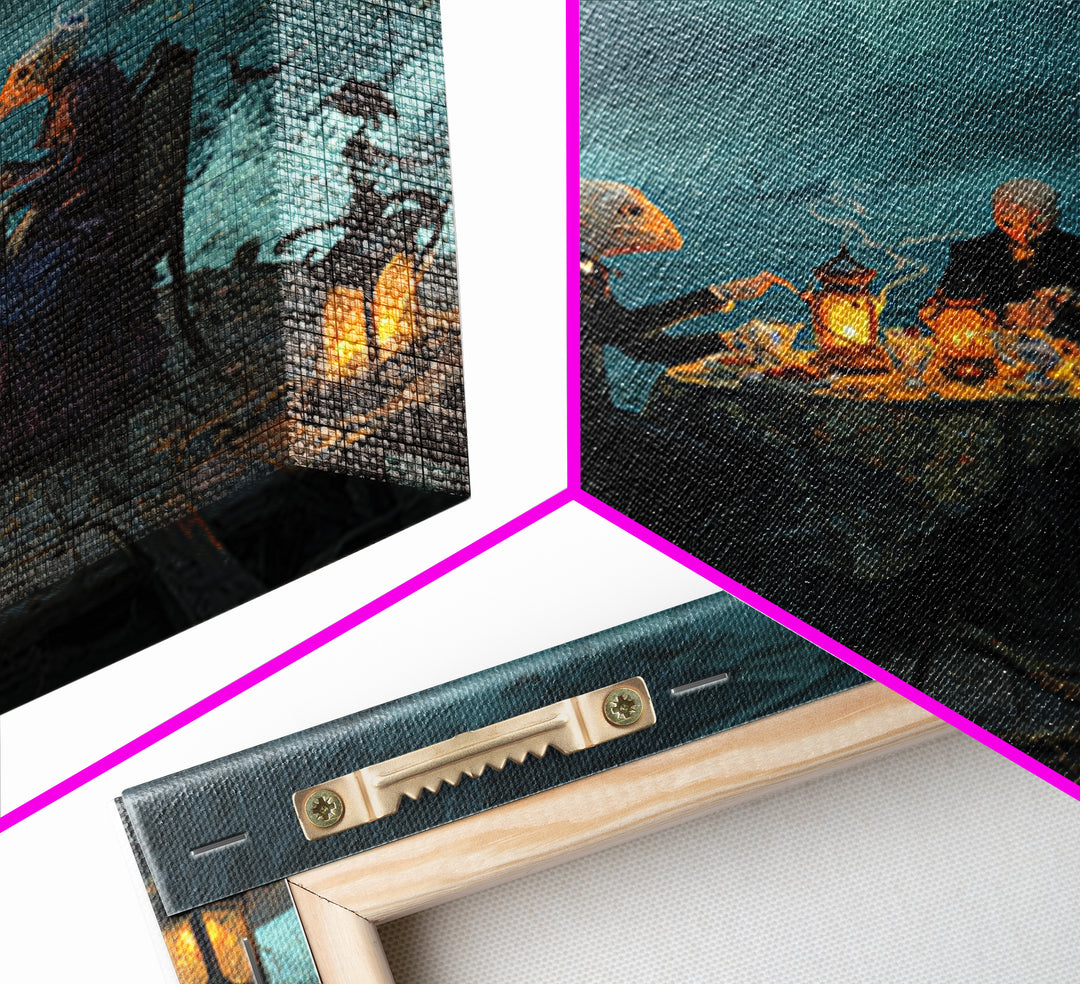 The Tea Party At Innsmouth Pier, Square Wall Art, Lovecraftian Horror Art, Framed Canvas Print, Halloween Wall Decor, Gothic Home Decor