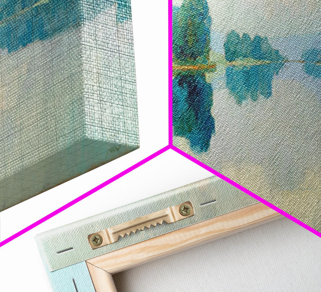 Sunlit Lake with Calming Reflections Framed Canvas Print, Dental Office Art, Boho Decor, Office Decor, Oil Painting, Calm, DOA-3x1-55