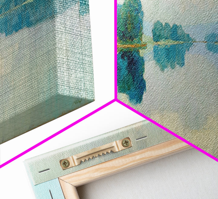 Sunlit Lake with Calming Reflections Framed Canvas Print, Dental Office Art, Boho Decor, Office Decor, Oil Painting, Calm, DOA-3x1-55