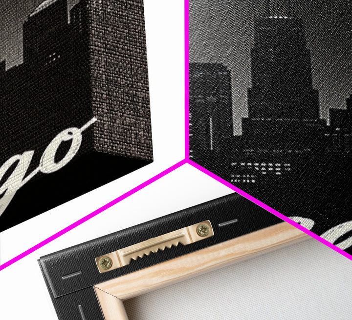 Chicago Travel Poster, Framed Canvas Print, Black And White Travel Art, Chicago City Art, City Illustration, Living Room Wall Art