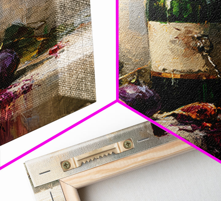 Wine Bottle and Figs on a Linen Framed Canvas Print, Dining Room Art, Coastal Wall Art, Dining Room Decor, Abstract Art, Dining, DRA-1x1-51