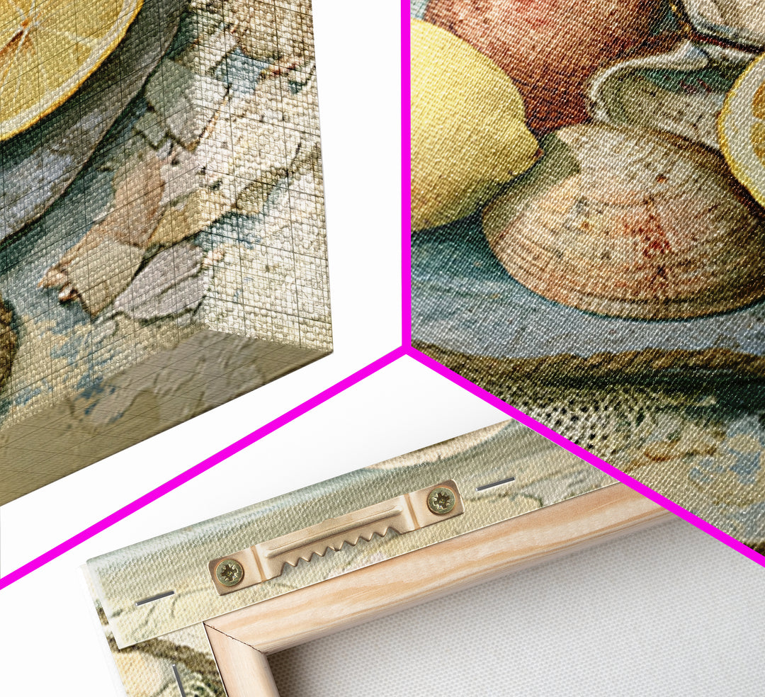 Shellfish and Lemon Still Life Framed Canvas Print, Dining Room Art, Abstract Wall Art, Dining Room Decor, Fine Art, Dining, DRA-1x1-64