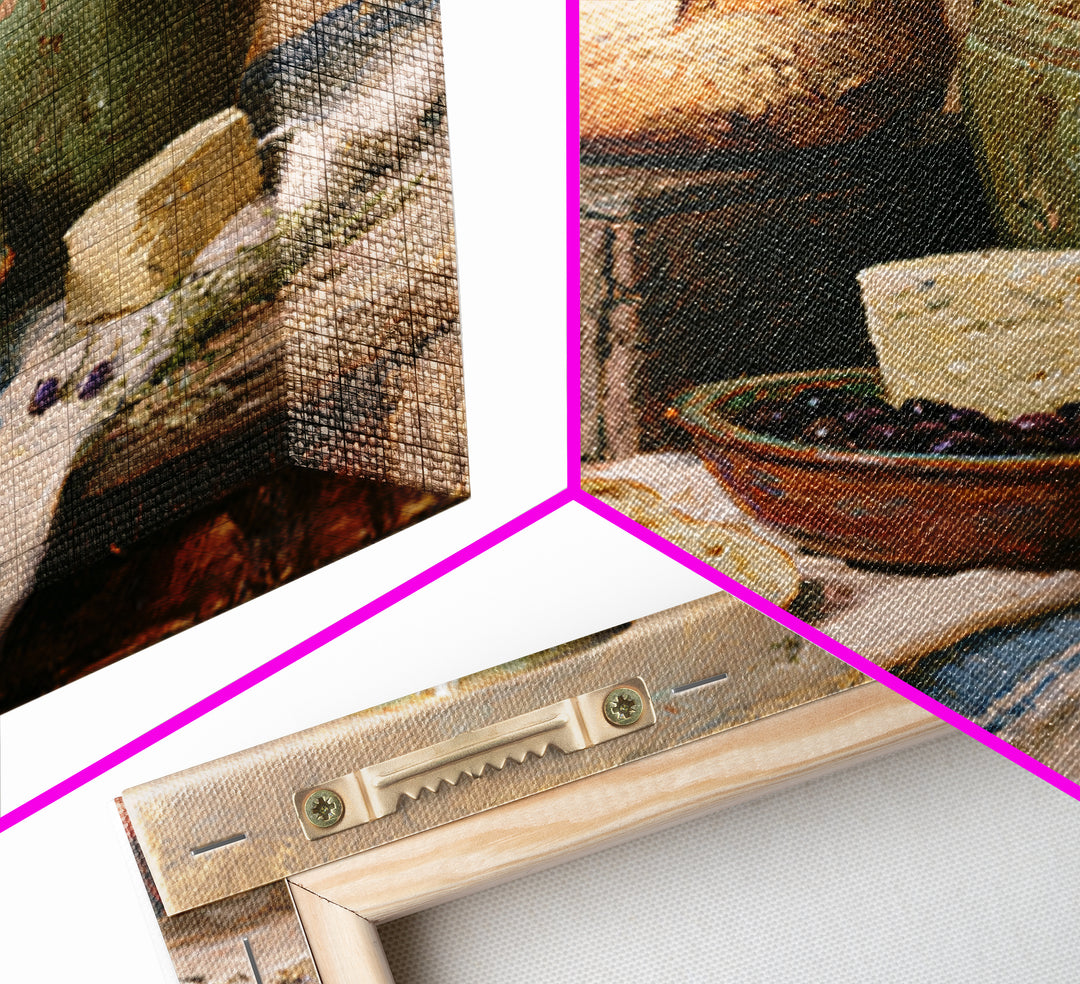 Rustic Bread Olives and Cheese Still Life Framed Canvas Print, Dining Room Art, Kitchen Prints, Dining Room Decor, Dining, DRA-1x1-78
