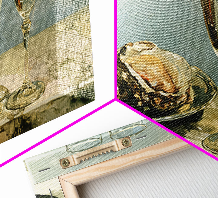 Elegant Oyster and Champagne Still Life Framed Canvas Print, Dining Room Art, Dining Room Decor, Oil Painting, Dining, DRA-2x1-27