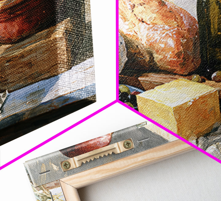Rustic Bread Olives and Cheese Still Life Canvas Print, Dining Room Art, Dining Room Decor, Watercolor Art, Dining, DRA-2x1-98
