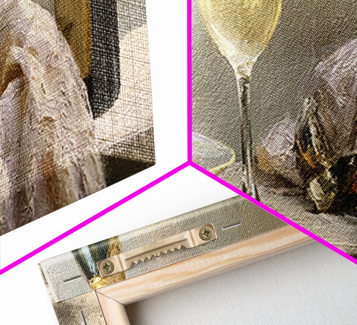 Elegant Oyster and Champagne Still Life Framed Canvas Print, Dining Room Art, Neutral Decor, Dining Room Decor, Dining, DRA-3x1-23
