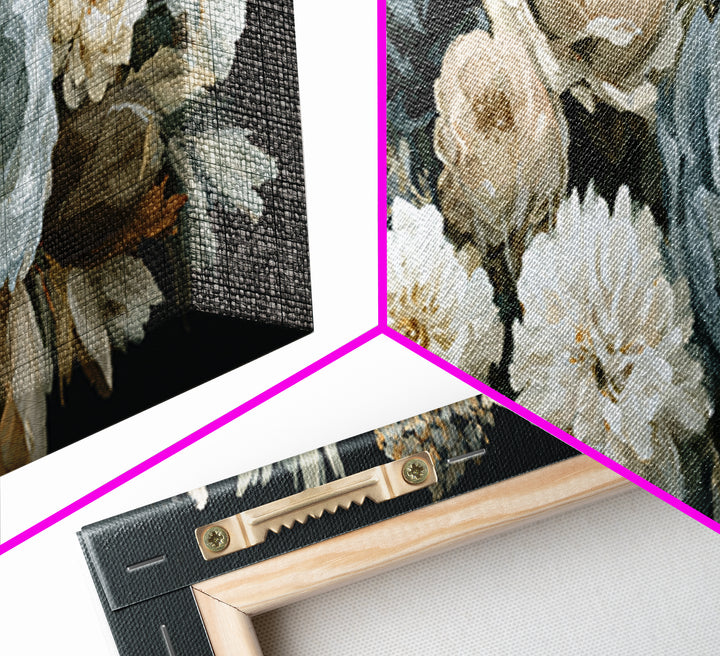 Moody Dark Background Bouquet for Formal Dining Framed Canvas Print, Dining Room Art, Modern Decor, Dining Room Decor, Dining, DRA-3x1-27