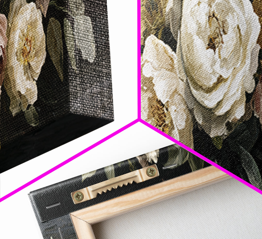 Moody Dark Background Bouquet for Formal Dining Framed Canvas Print, Dining Room Art, Wall Art, Dining Room Decor, Dining, DRA-3x1-51