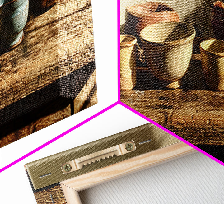 Sunlit Farmhouse Table Objects Without Room View Framed Canvas Print, Dining Room Art, Kitchen Art, Dining Room Decor, Dining, DRA-3x1-81