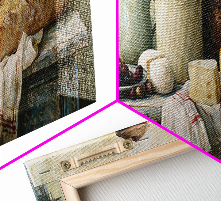 Rustic Bread Olives and Cheese Still Life Canvas Print, Dining Room Art, Dining Room Decor, Watercolor Art, Dining, DRA-3x1-94