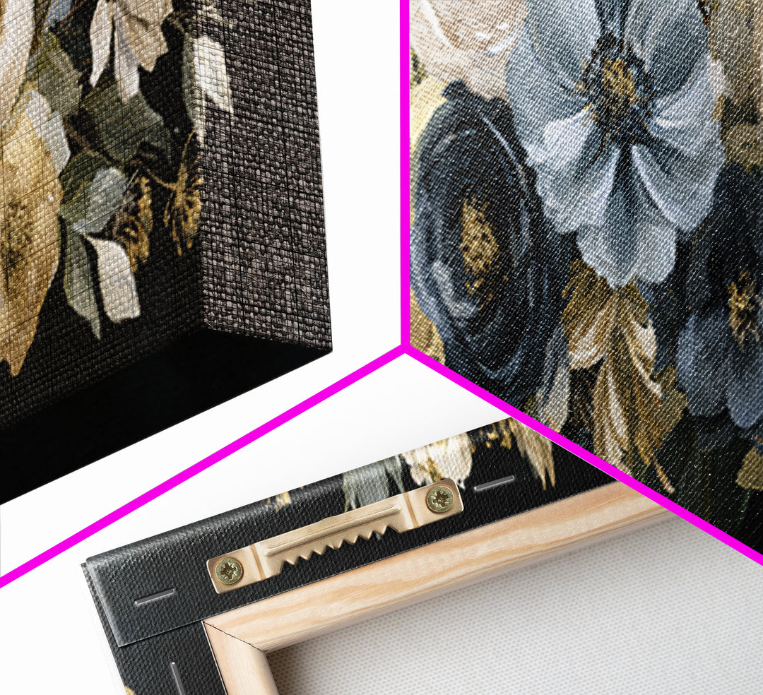 Moody Dark Background Bouquet for Formal Dining Framed Canvas Print, Dining Room Art, Wall Decor, Dining Room Decor, Dining, DRA-3x1-99