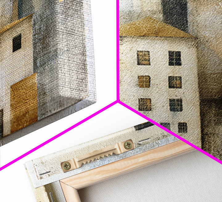 Naive Cityscape with Patterned Windows Framed Canvas Print, Eclectic Art, Art, Living Room Decor, Fine Art, Eclectic, ECL-1x1-12