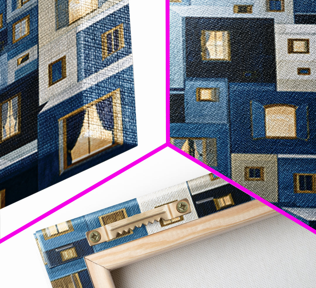 Naive Cityscape with Patterned Windows Framed Canvas Print, Eclectic Art, Luxury Decor, Living Room Decor, Fine Art, Eclectic, ECL-2x3-68